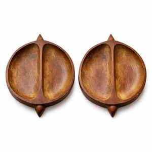 Vintage MCM Wood Turtle Divided Snack Dish Set 2 Danish Modern Boho